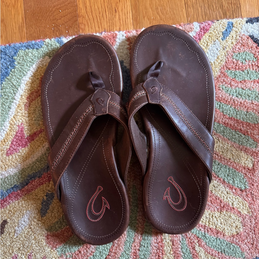 Olukai Brown Leather Flip Flops